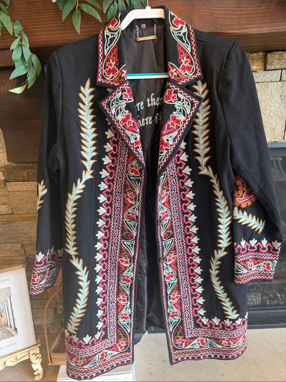 Paparazzi Embroidered Black Longline Coat with Multicolor Floral Trim XL